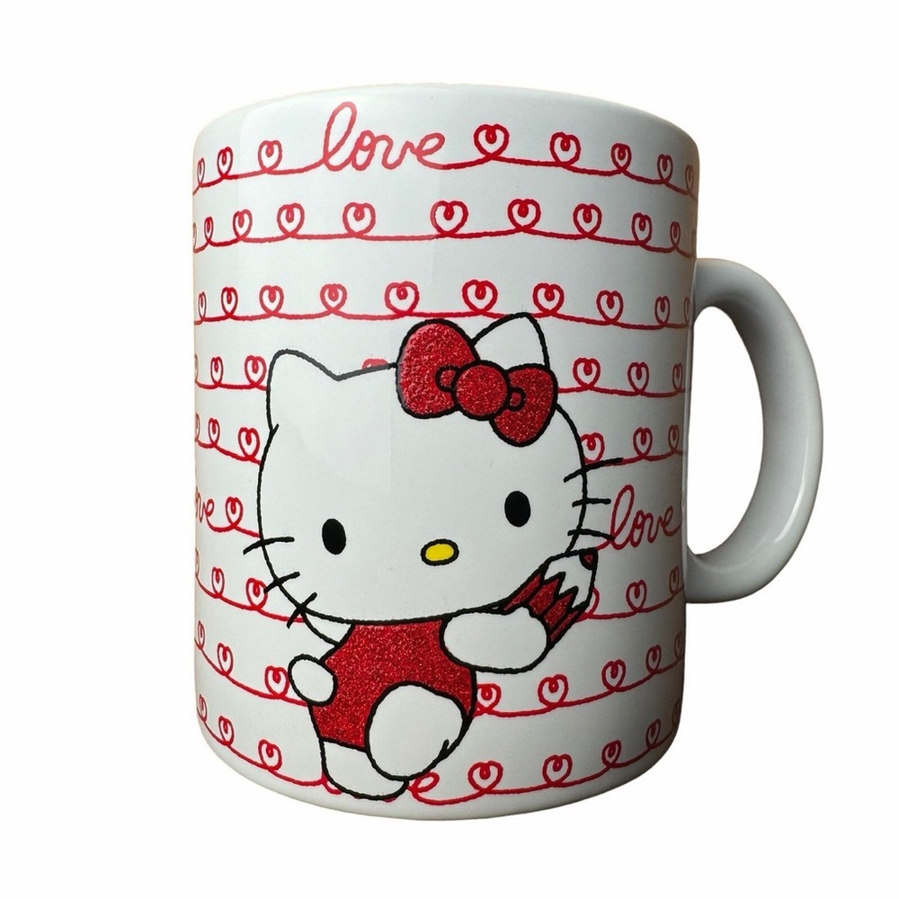 Hello Kitty Sanrio New Red and White Mug with with scribble hearts